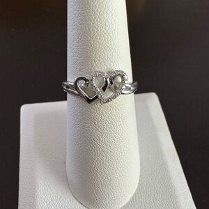 10K White Gold Open Double Heart Diamond Ring Pinky size 7
